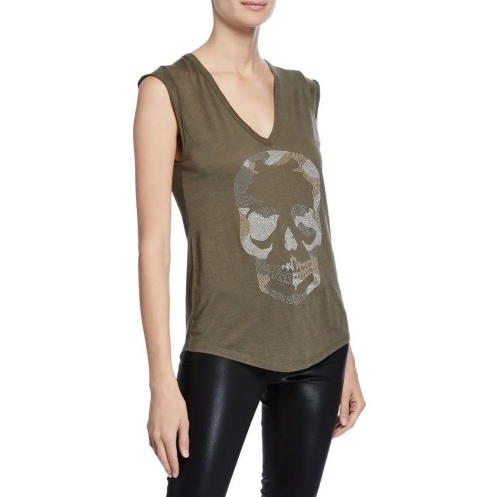 ZADIG & VOLTAIRE Brooklyn Strass Cotton Skull Tee in Khaki